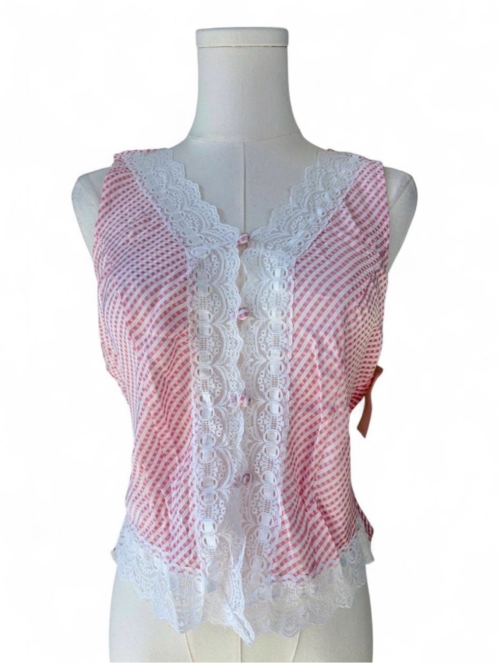 Private Luxuries Pink Gingham Satin Lace Trim Top Deadstock Vintage Sleepwear